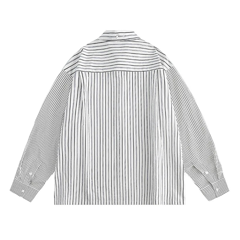 Threebooy  Men Retro Striped Shirt Hip Hop Streetwear Oversize Shirt Chest Pocket Harajuku Long Sleeve Checkered Patchwork Shirt Coats