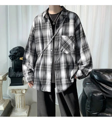 Threebooy Harajuku Long Sleeve Plaid Shirts Men Big Size M-5XL Autumn Chic Loose Vintage High Street All-match Gentleman Camisa