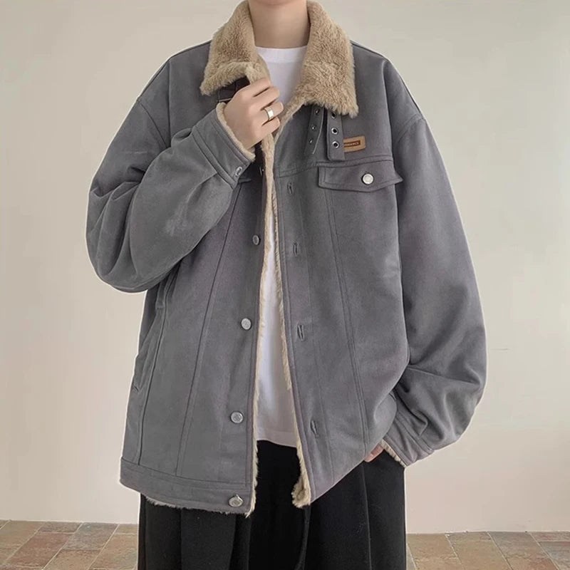 Threebooy  New American Fleece-lined Men Padded Jackets Luxury Harajuku Long Sleeve Streetwear Winter Trendy Chic Turn-down Collar Coats
