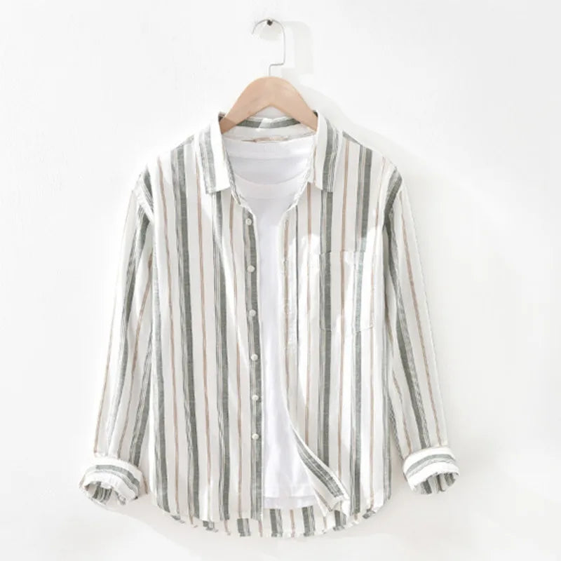 Threebooy  Fashion Japan Style Men Linen Cotton Shirts Casual Stripe Long Sleeve Tops Single Breasted Male Loose Vintage Versatile Shirt