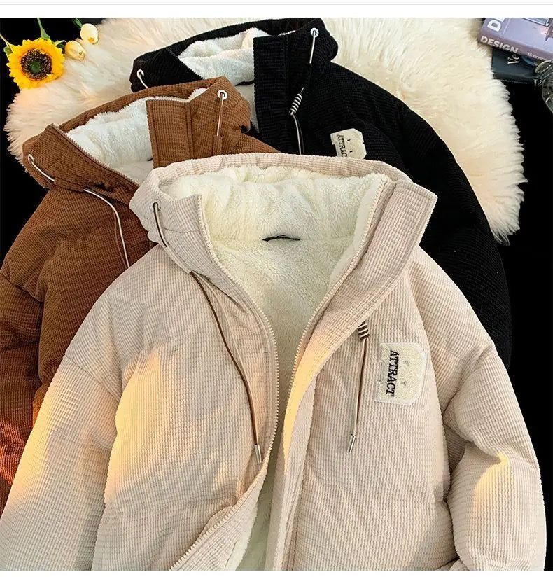 Threebooy autumn and winter street fashion corduroy thick jacket for men and women couple personalized loose retro casual Harajuku