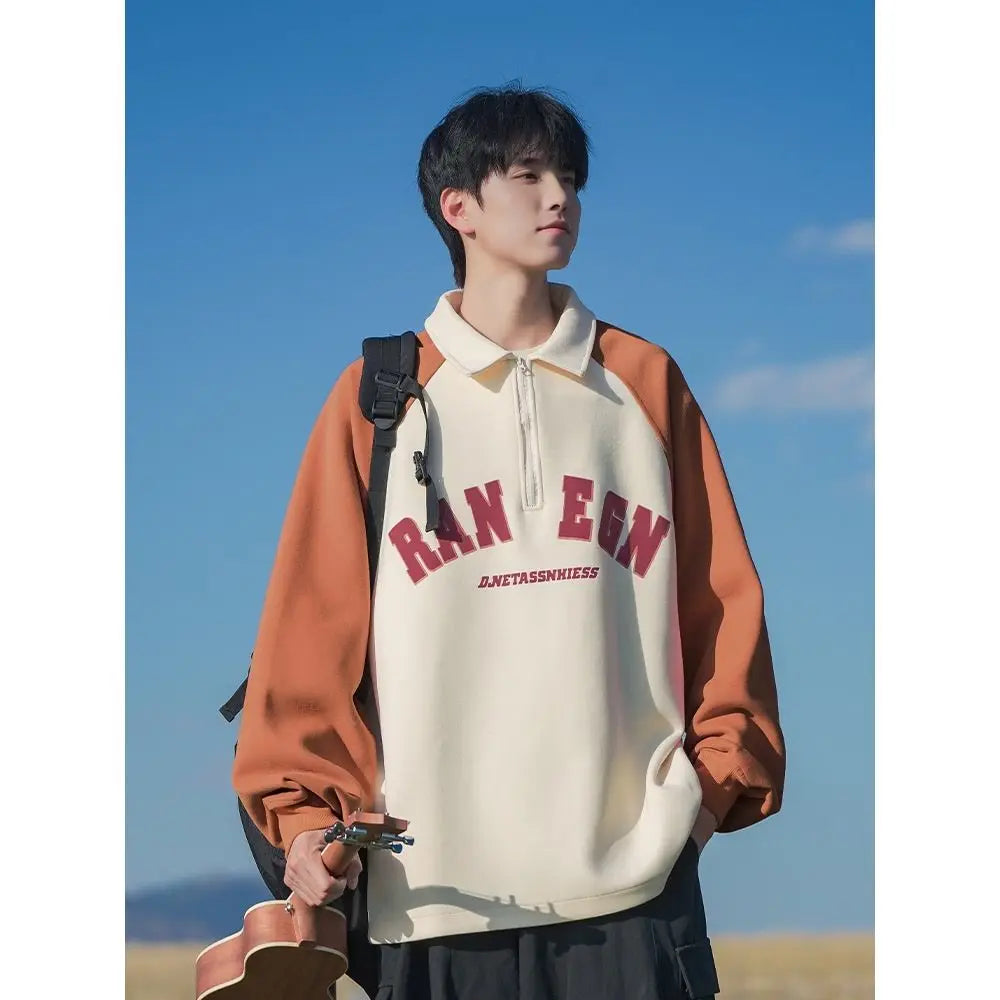 Threebooy Preppy Spliced Polo Shirt Sweatshirt Men's Spring Autumn Raglan Sleeves Trendy American Loose Versatile Casual Jacket