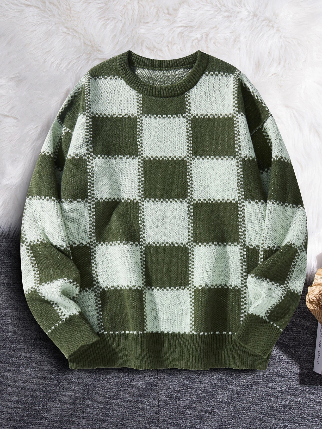 Threebooy New Popular Autumn Winter Plaid Jacquard Pattern Pullover Sweater Casual Round Neck Contrast Color Knitted Men's Pullover