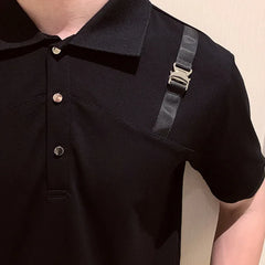 Threebooy Personalized Shoulder Strap Decorate Polo T-shirt Men Quality British Lapel Short Sleeved Polo Shirt Summer Business Simple