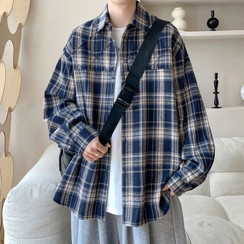 Threebooy Spring New Casual Plaid shirt Men's Loose Streetwear Long-sleeved Shirt Retro Shirts Men Classic American style shirt