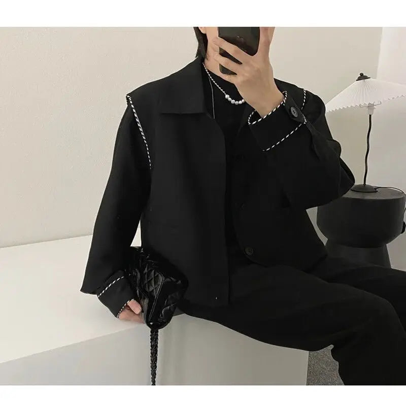 Threebooy Fashion Black Stitching Jacket Men's Buttons Spring Autumn New Loose Turndown Collar Single-breasted Long Sleeves Tops Jackets