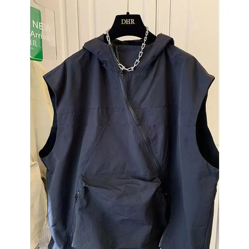 Threebooy  Design-sleeved Hooded Vest Sweatshirt for Men Women 2025 Loose Retro Casual Sports Jacket Asymmetrical Zippered Large Pocket Top