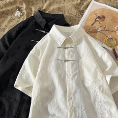 Threebooy Summer Short-sleeved Shirt Men's New Chinese Men's National Trend Shirt Loose Large Size Metal Button Couple's Top Aesthetic