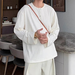 Threebooy New Japanese Fashion Men Henry Collar T-shirt Light Luxury Solid Color Long Sleeve Tops Leisure Light Business Basic Shirt M-3XL