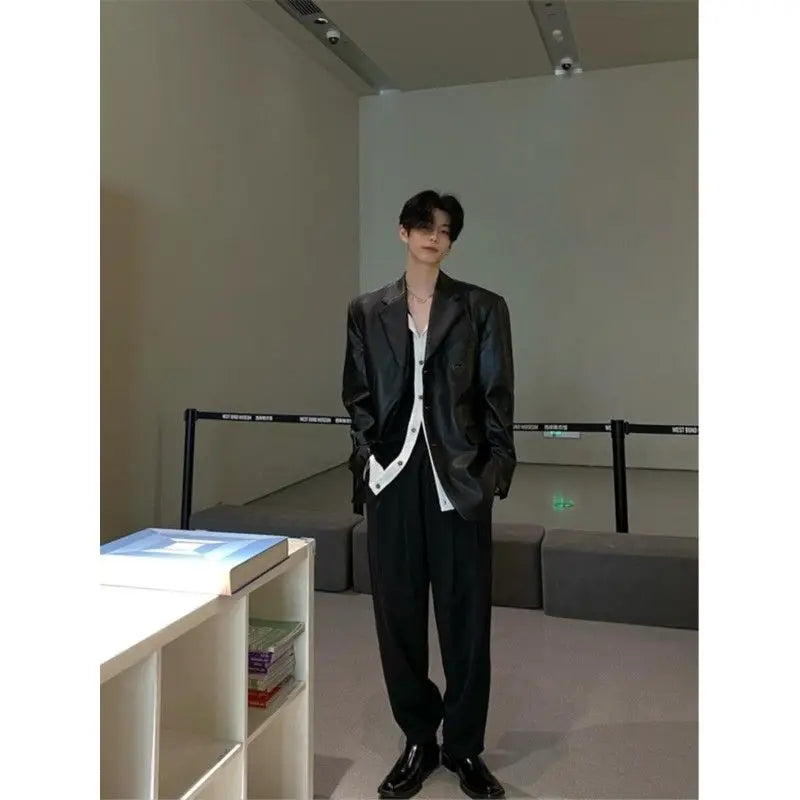 Threebooy American Leather Jacket Retro Outfit Handsome High-end Men's Niche Shoulder Pad Suit Black PU Leather Jacket Chic Streetwear