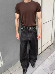 Threebooy  American Style Retro Denim Pants High Waist Straight Leg Zipper Fly Casual Jeans for Men Loose Fit No Stretch Chinese Made