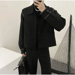 Threebooy Fashion Black Stitching Jacket Men's Buttons Spring Autumn New Loose Turndown Collar Single-breasted Long Sleeves Tops Jackets