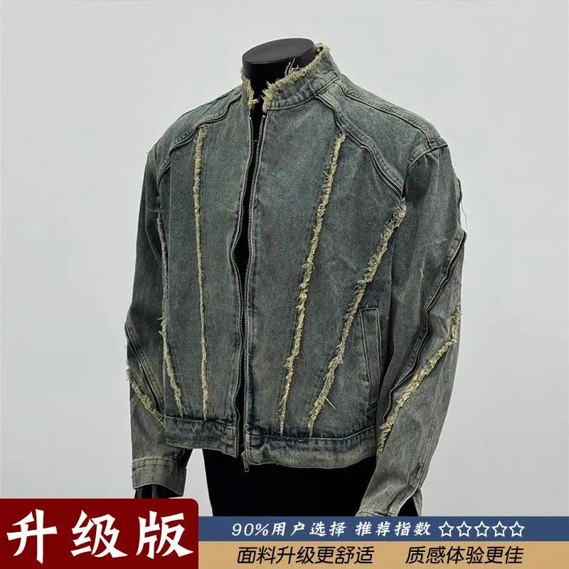 Threebooy  American retro denim jacket deconstructed breasted washing denim jacket men spring autumn old high street handsome couple coat