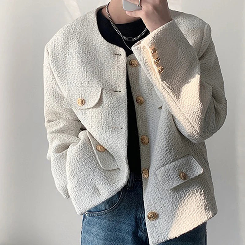 Threebooy Korean Style Fashionable Tweed Round Neck Jacket Men Japanese Trendy High-end Single-breasted Short Jacket with Temperament