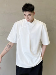 Threebooy Style Korean Personality Asymmetric Cross Rib Neckline Solid Colour Men's Casual Half Sleeve Tshirt New Fashionable Tops