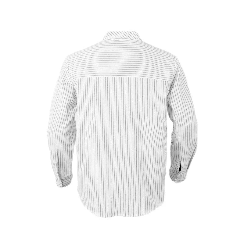 Threebooy 2025 New Autumn New Men's Casual Shirt Business Casual Style Linen Shirt Striped Stand Collar Long Sleeve Cardigan Shirt Men