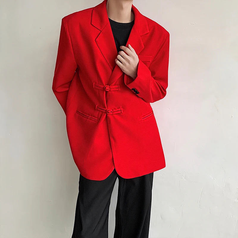 Threebooy New Chinese Red Suit Blazer Men's Solid Color Turn-down Collar Suit Stylish Loose Blazers Mens Streetwear Casual Suit Jacket