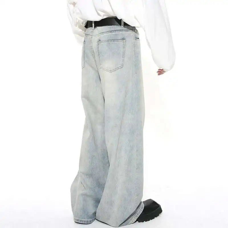 Threebooy  Washed Male Jeans Korean Fashion Worn Out Gradient Color Men's Denim Straight Pants Men Wide Leg Trousers Spring New
