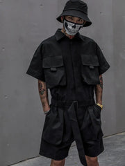 Threebooy Techwear Short Jumpsuit for Men Black Bodysuits Overalls Men Green Male Japanese Streetwear Summer Pockets Hip Hop