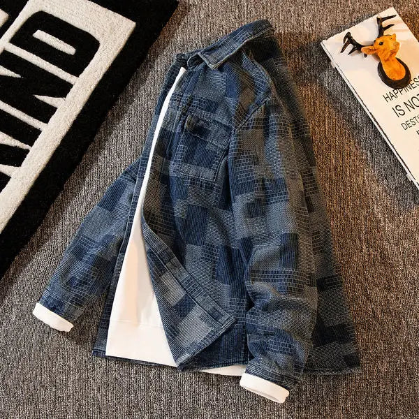 Threebooy Plaid Shirt Men's High-end Fashion Top Hong Kong Style Long-sleeved Loose Handsome Trendy Retro Shirt Casual Jacket Aesthetic