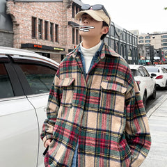 Threebooy Thick Plaid Woolen Coat Men Warm Oversized Retro Thickened Woolen Jacket Mens Streetwear Korean Loose Short Woolen Coat Men