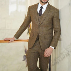 Threebooy  Brown Men's Suit 3 Pieces Blazer Vest Pants Single Breasted Peaked Lapel Stripes Plaid Business Slim Wedding Groom Costume Homme