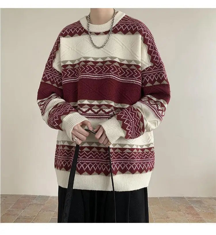 Threebooy Autumn and Winter Round Neck Sweater for Men Casual Trendy Brand Streamer Lazy Style Contrast Striped Knitted Sweater