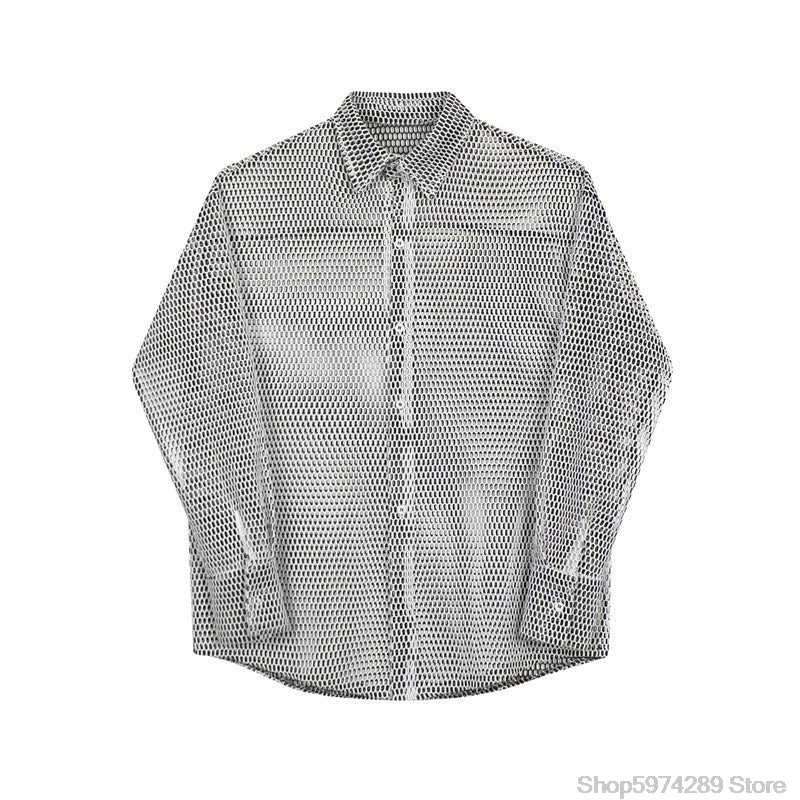 Threebooy Transparent Mesh Shirt Hollow Out Jacket Personality Breathable Youth Fashion Long Sleeve Tops Men Lapel Party Clubwear