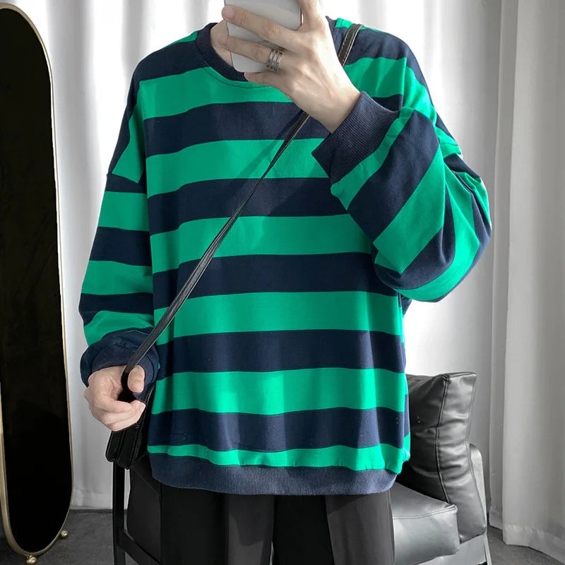 Threebooy Autumn Winter Striped Men's Korean Fashion Hoodies Youth Harajuku Retro Long Sleeve Bottoming Shirt Pullover