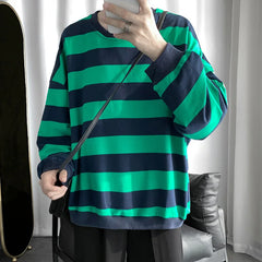 Threebooy Autumn Winter Striped Men's Korean Fashion Hoodies Youth Harajuku Retro Long Sleeve Bottoming Shirt Pullover
