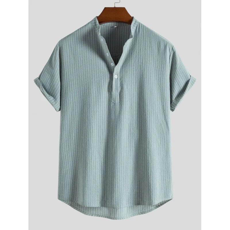 Threebooy Summer Men's Cotton Linen Stand Collar Short Sleeved Shirt