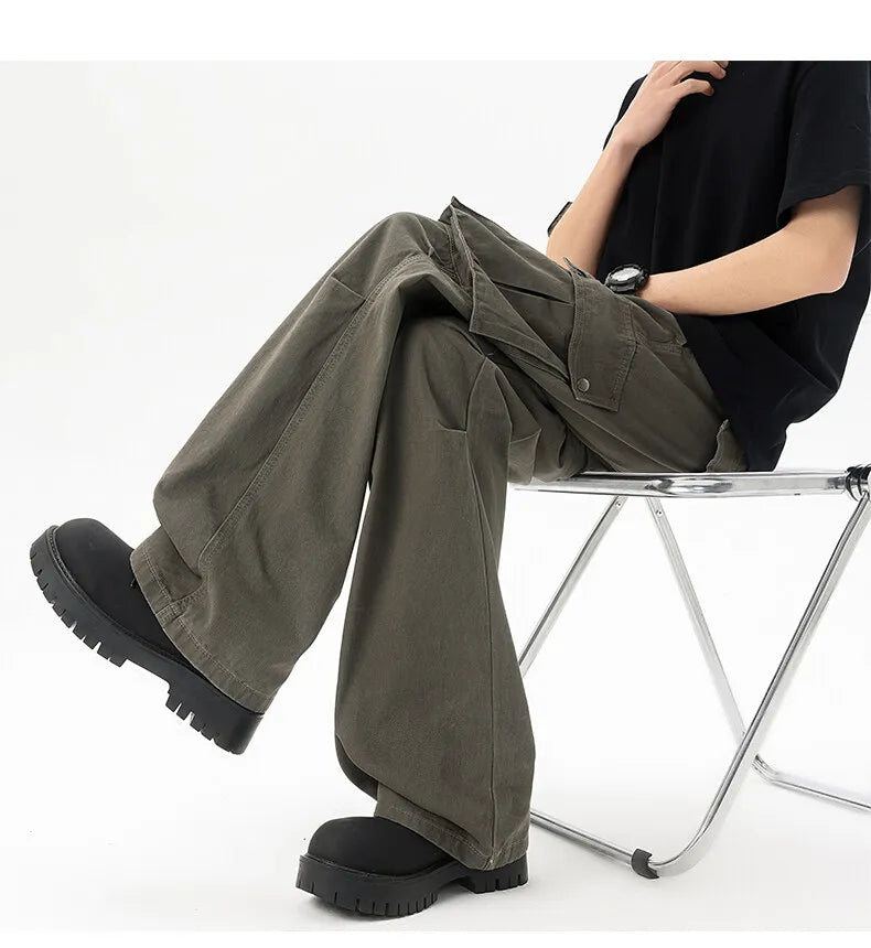 Threebooy  Cotton Wide Leg Cargo Pants man Loose Fit Multi Pocket Casual Streetwear Comfortable Workwear Trousers Men Trendy Fashion
