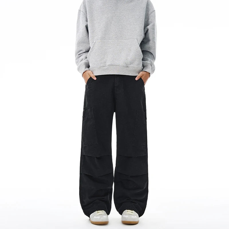 Threebooy American Loose Straight Cargo Pants Men's Fashion Streetwear 100% Cotton Vintage Large Pocket Loose Casual Wide-leg Trousers