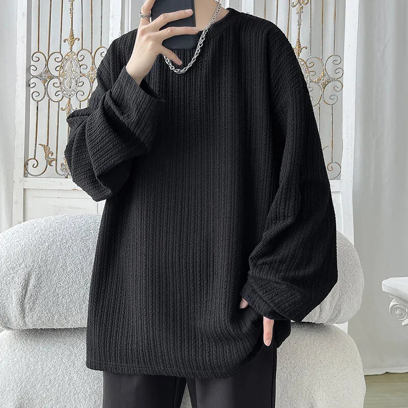 Threebooy  Spring Long Sleeved T-shirt Men White Casual T Shirt Men Streetwear Korean Loose Pleated T Shirt Mens Top Large Size M-5XL
