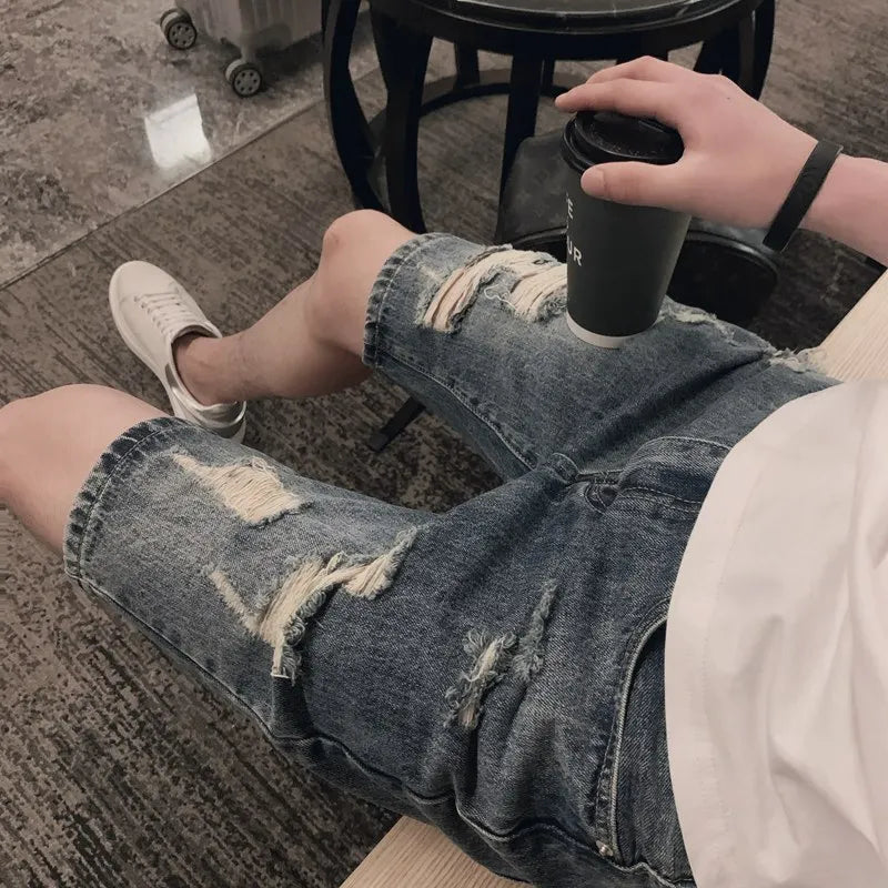 Threebooy Summer New Ripped Men Shorts Trendy Casual Straight Hole Five-point Pants Hip Hop Beggar Loose Male Denim Shorts