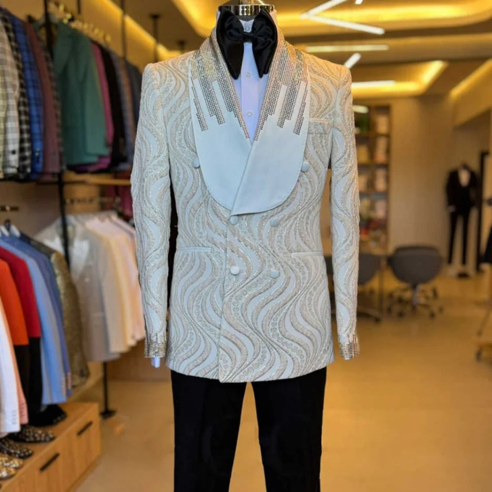 Threebooy  Delicate Jacquard Men Suit Slim Fit 2 Pieces Jacket Pants Shawl Lapel Groom Wedding Tuxedos