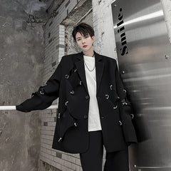 Threebooy Korean Street clothing fashion Spring Men's Irregular Hole Suit Dark Black Male Blazers Korean Fashion Lapel Outwear