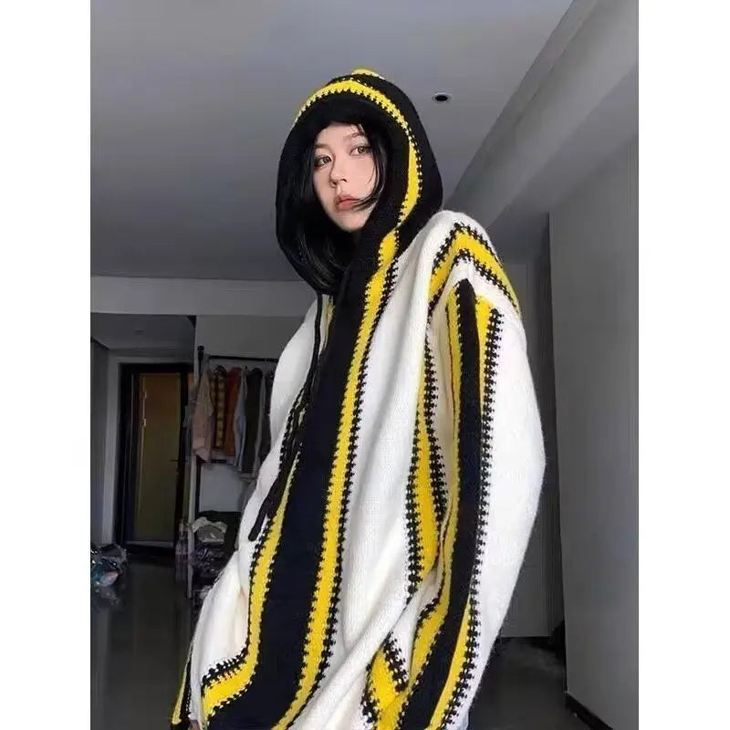 Threebooy Korean street style men and women trendy color blocked striped hooded sweater for couples autumn and winter loose retro casual