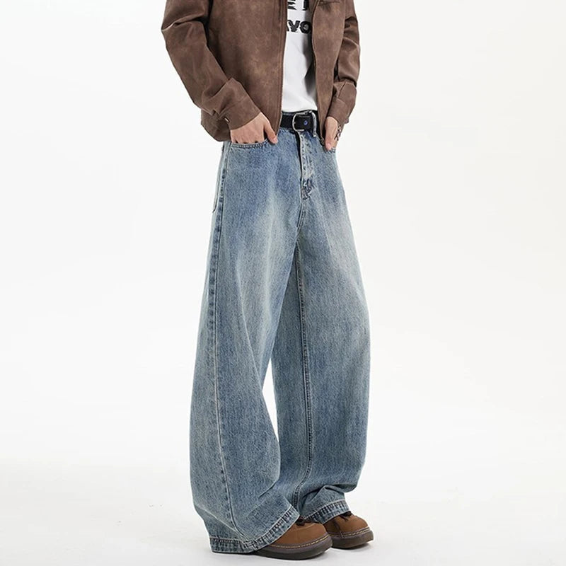 Threebooy Men's Denim Pants hip hop jean Classic Blue Washed Male Jeans Straight Casual Menwear Loose Wide Leg Trousers 2025 New Fashion