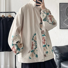 Threebooy Embroidered Jacket Men Fashion Casual Flower Jacket Mens Japanese Streetwear Loose Hip Hop Bomber Jacket Men Large Size M-5XL