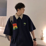 Threebooy Embroidered Letters POLO Shirt Oversize Loose Casual Fashion Short-sleeved T-shirt Summer Contrast Color Lapel Male Clothes Thin