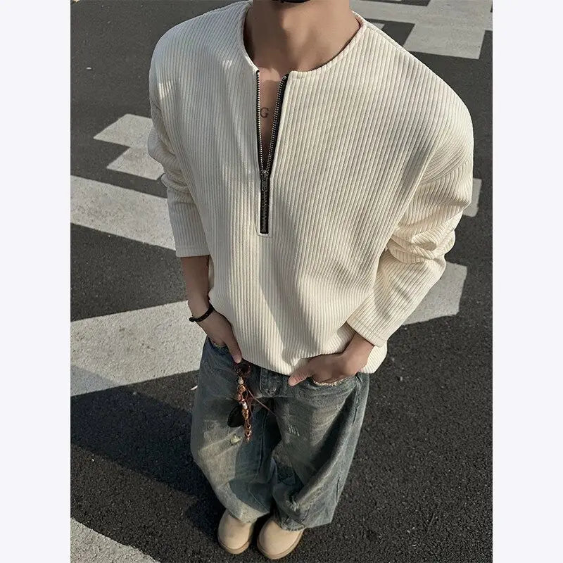 Threebooy American Half-Zip Henley T-Shirt Men's Spring Autumn Long Sleeve Underwear Tough Guy Outfit Hoodie
