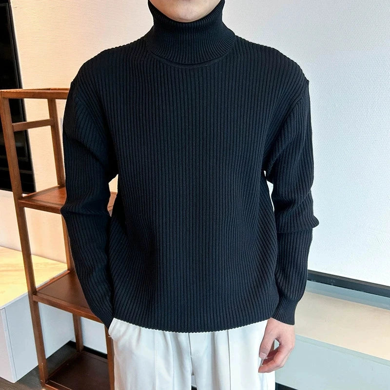 Threebooy  New Korean Retro Men Basic Sweater Luxury Knit Solid Color Turtleneck Long Sleeve Pullover Casual Textured High Quality Knitwear