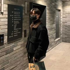 Threebooy Lamb Coat Men's Winter Velvet Thickened Short Autumn High Street Jacket Turndown Colllar Long Sleeves Zipper Pockets Jackets