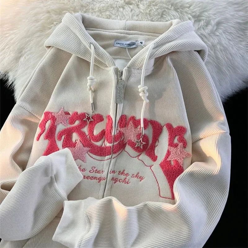 Threebooy Fashion Embroidery Zip Up Hoodies Women Autumn Long Sleeve Tops Loose Hood Shirt Harajuku Y2K Clothes Female Sweatshirt Jacket