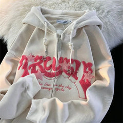 Threebooy Fashion Embroidery Zip Up Hoodies Women Autumn Long Sleeve Tops Loose Hood Shirt Harajuku Y2K Clothes Female Sweatshirt Jacket