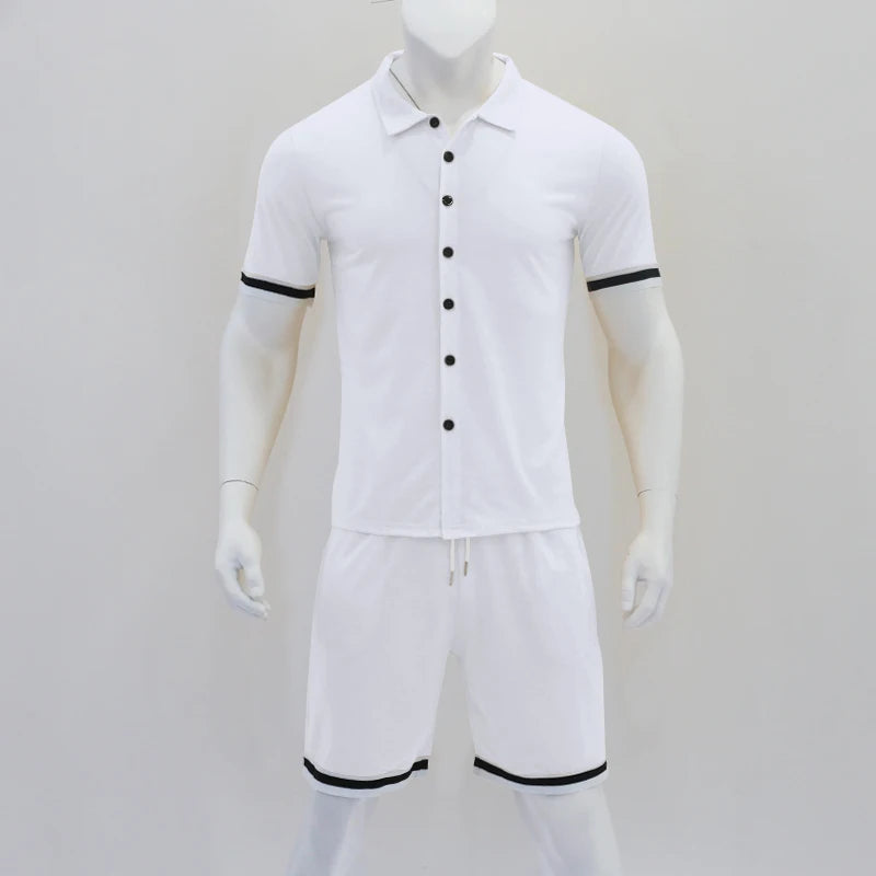 Threebooy New Summer Foreign Trade Men's Trend Solid Color Polo Collar Buckle Casual Short Sleeve Shorts Set Now