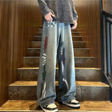 Threebooy Jeans for Men High Street Wear Graffiti Straight Pants Button-pocket Trousers Loose Personality