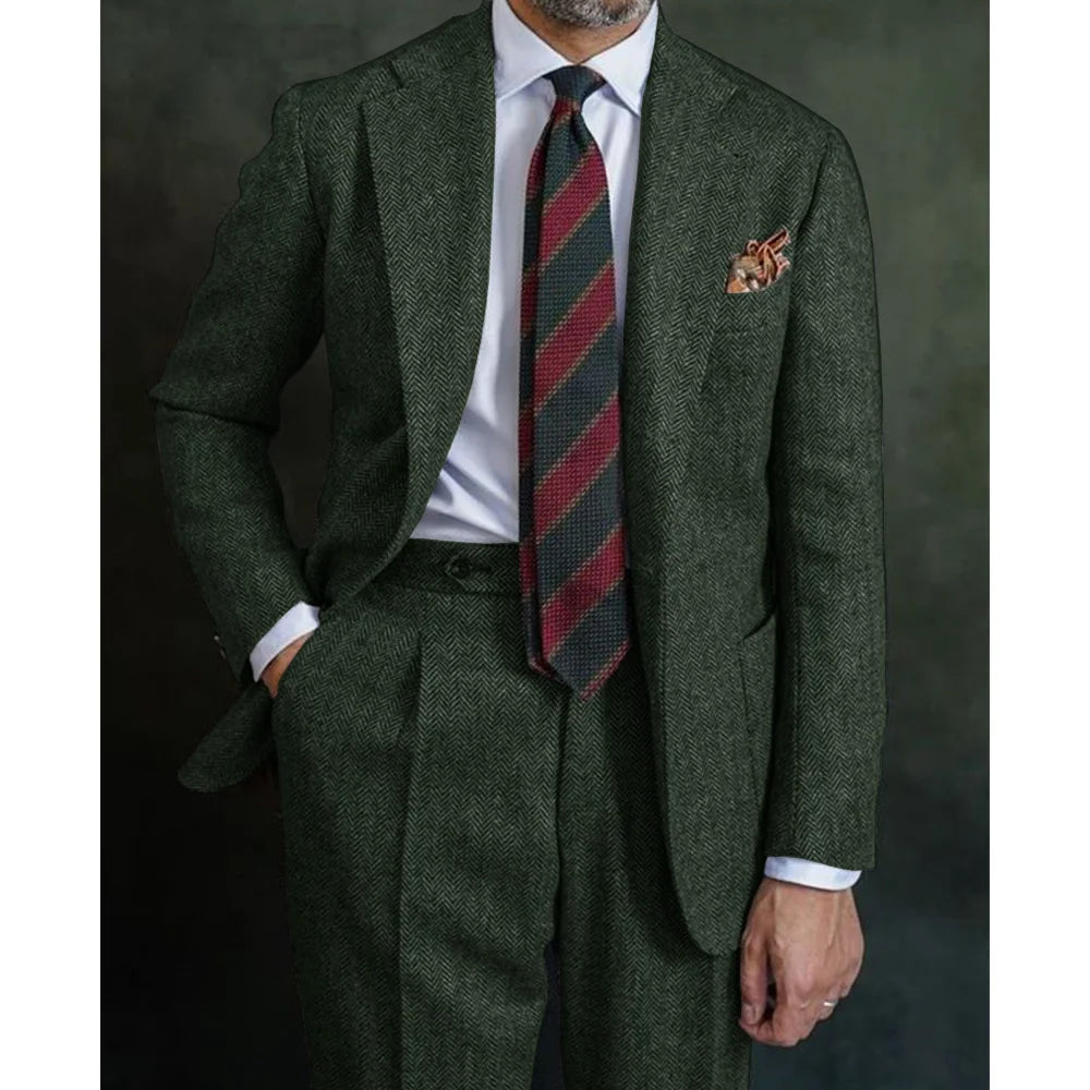 Threebooy  Herringbone Suit Regular Suit with Vintage Notch Lapel Two-piece Groom Suit High-quality Wedding Art Coarse Woolen Fabrics