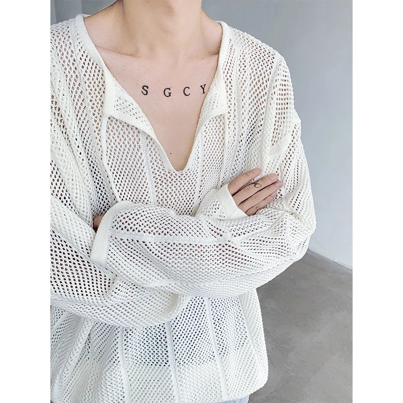 Threebooy Rice White Shirts for Men Hollow Out Blouse Men Handsome Fashion Men Clothing Vacation Sexy Mesh Long-sleeved Shirts